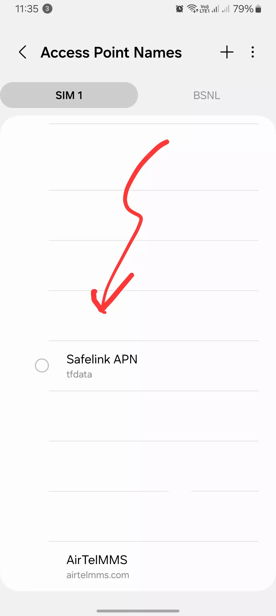screenshot of access point names menu with safelink internet