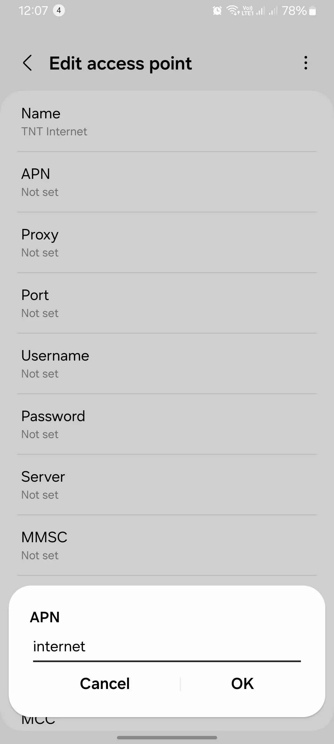 screenshot of adding the apn details tnt