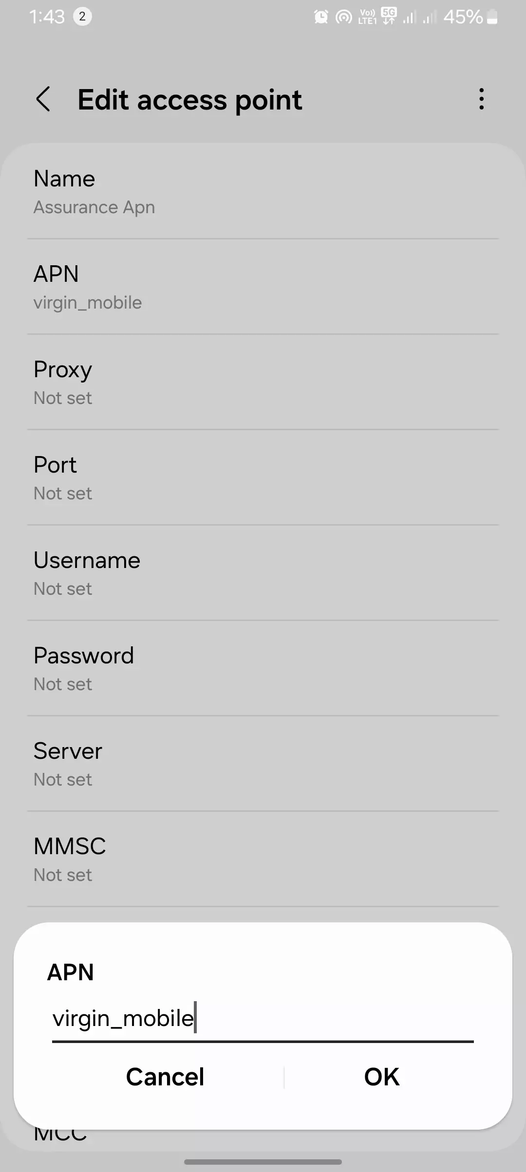 screenshot of adding the apn value into the assurance