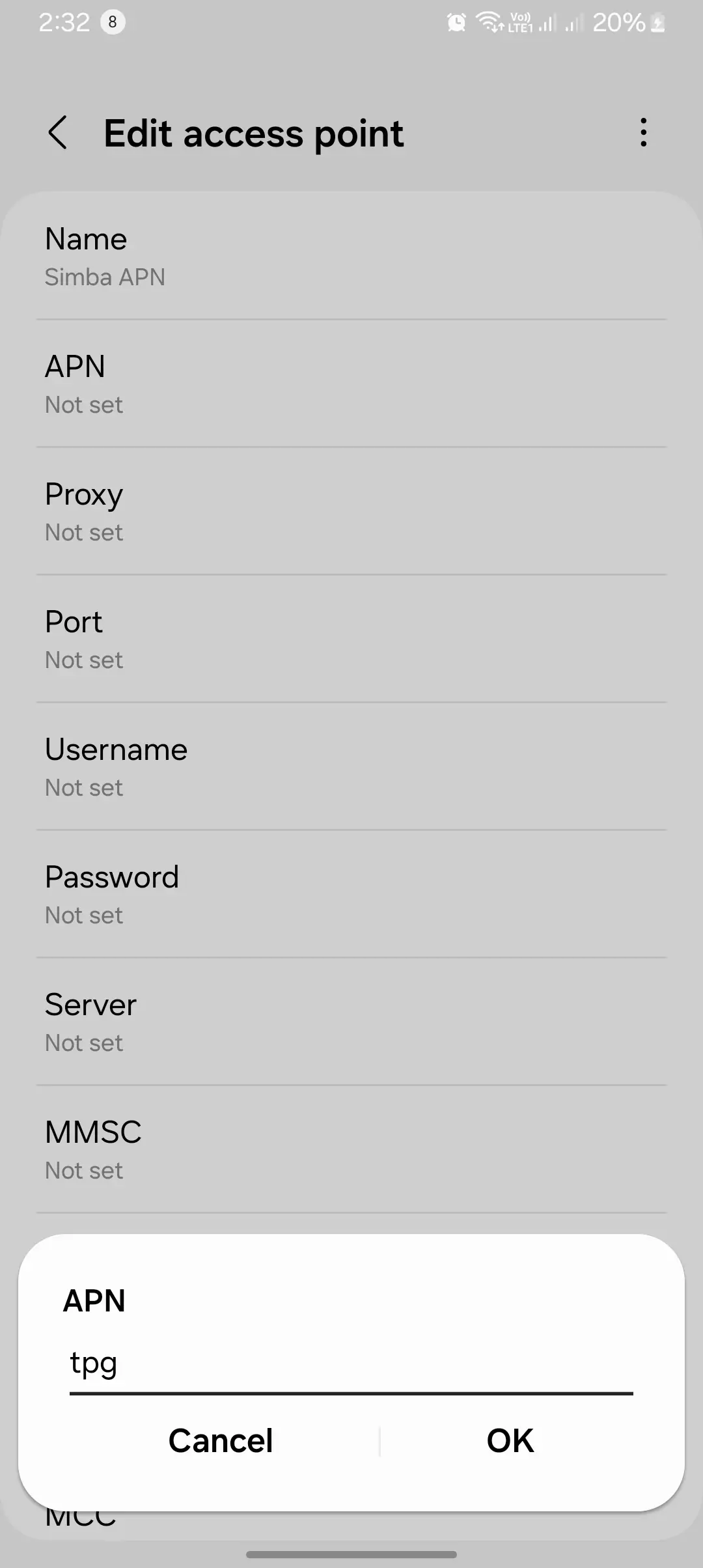 screenshot of adding the apn value into the simba apn