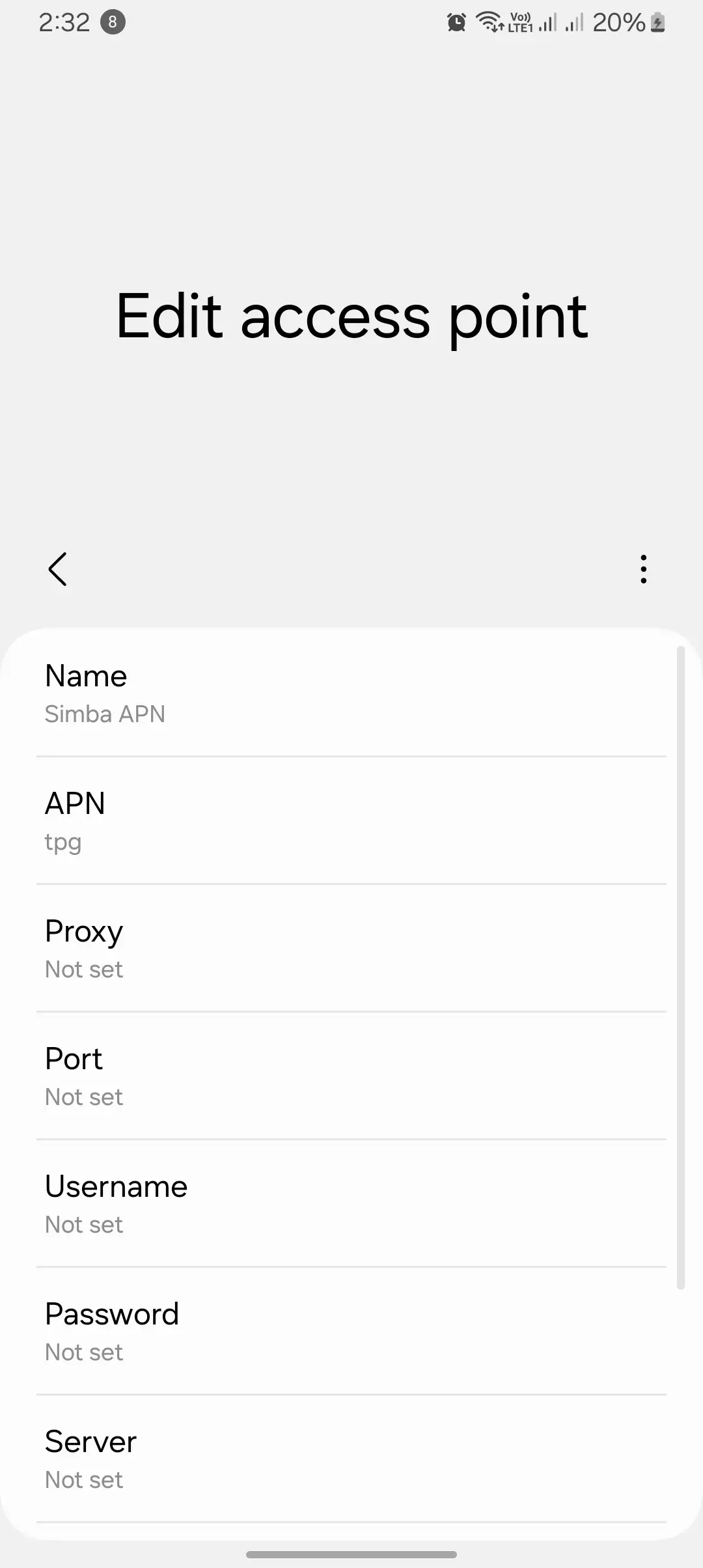 screenshot of configuring the internet for simba