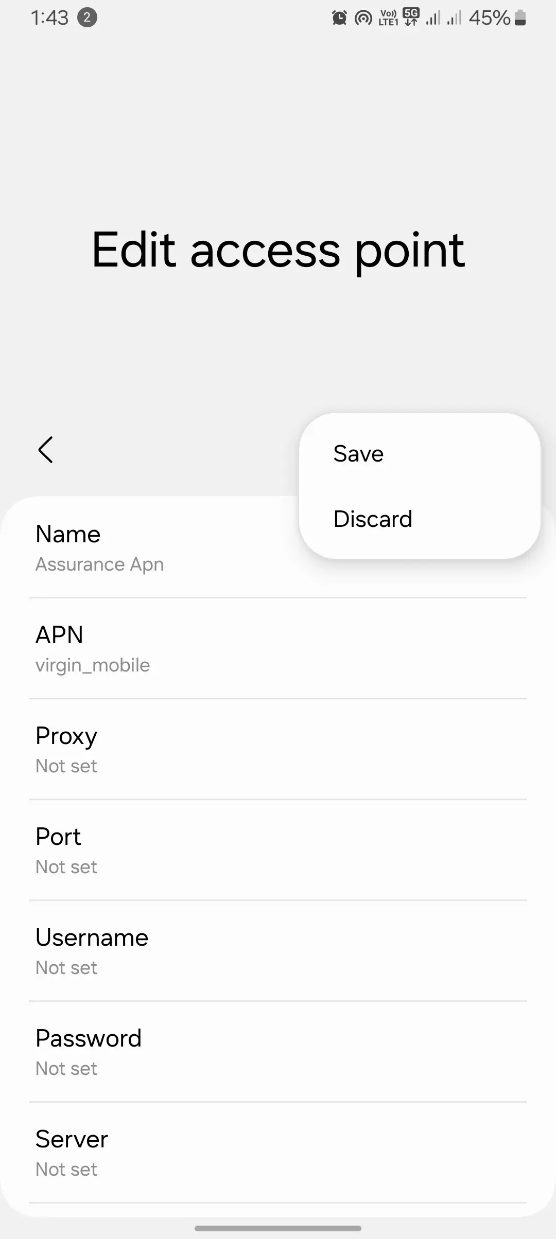 screenshot of save and cancel apn for assurance internet